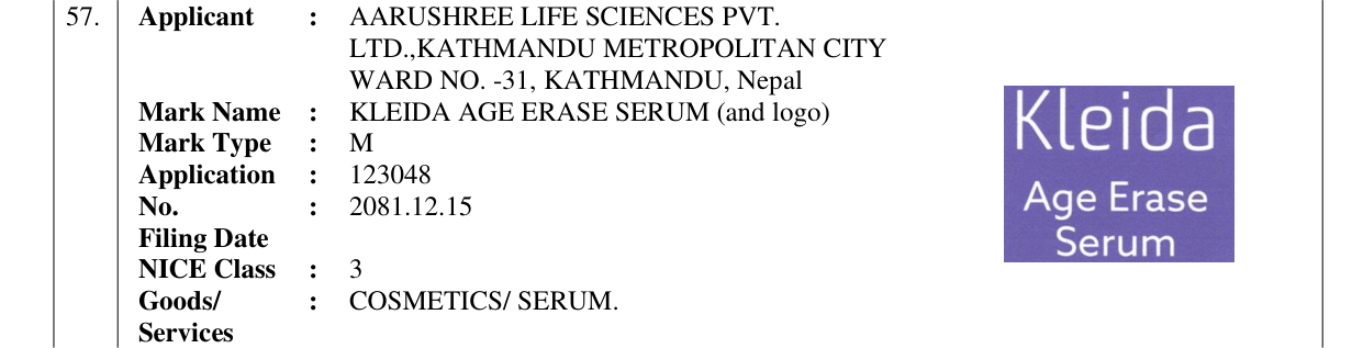 Original bulletin entry for KLEIDA AGE ERASE SERUM (and logo)
