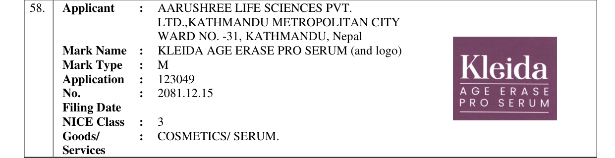 Original bulletin entry for KLEIDA AGE ERASE PRO SERUM (and logo)