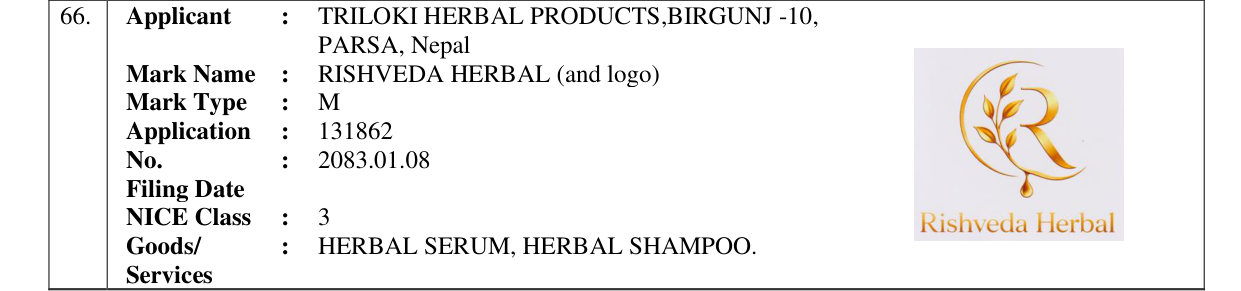 Original bulletin entry for RISHVEDA HERBAL (and logo)