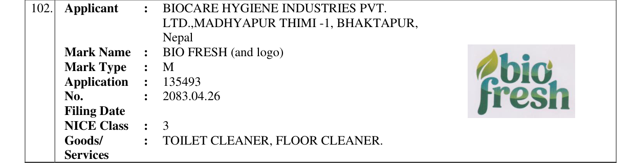 Original bulletin entry for BIO FRESH (and logo)
