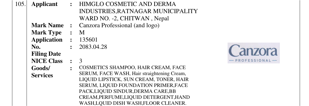Original bulletin entry for Canzora Professional (and logo)
