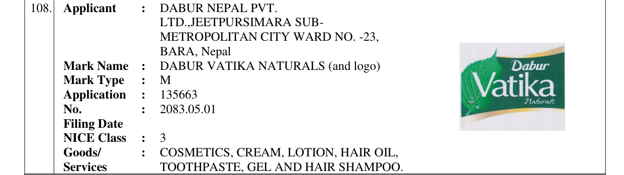 Original bulletin entry for DABUR VATIKA NATURALS (and logo)