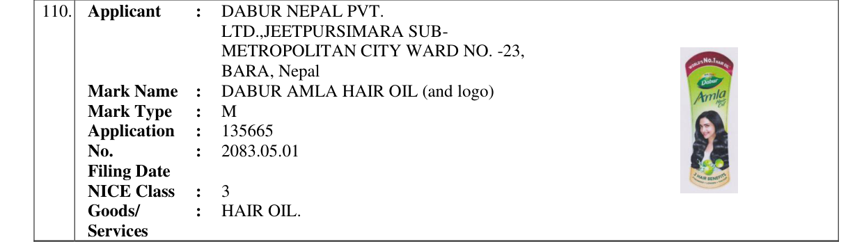 Original bulletin entry for DABUR AMLA HAIR OIL (and logo)