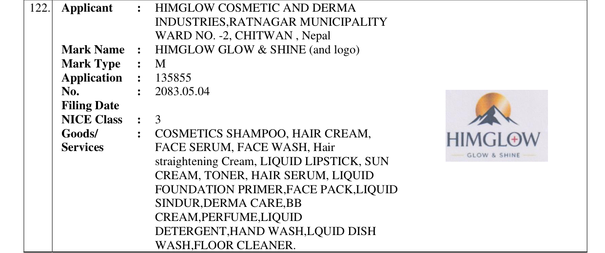 Original bulletin entry for HIMGLOW GLOW & SHINE (and logo)