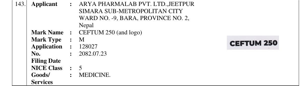 Original bulletin entry for CEFTUM 250 (and logo)