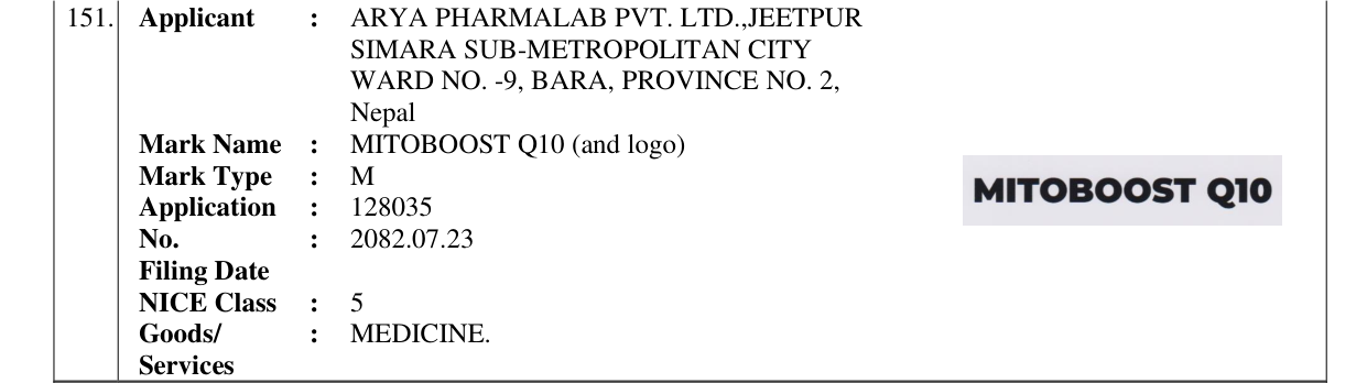 Original bulletin entry for MITOBOOST Q10 (and logo)