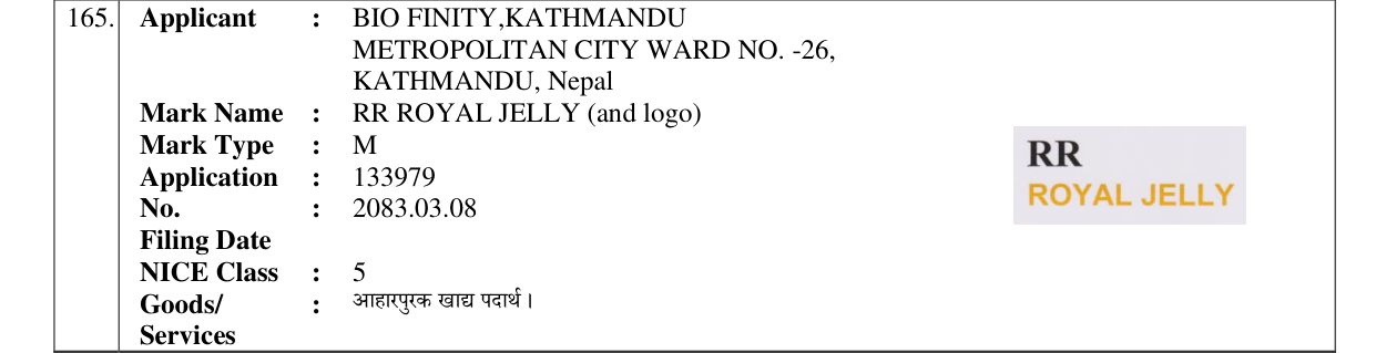 Original bulletin entry for RR ROYAL JELLY (and logo)