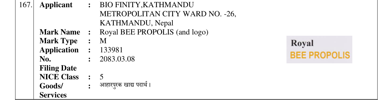 Original bulletin entry for Royal BEE PROPOLIS (and logo)