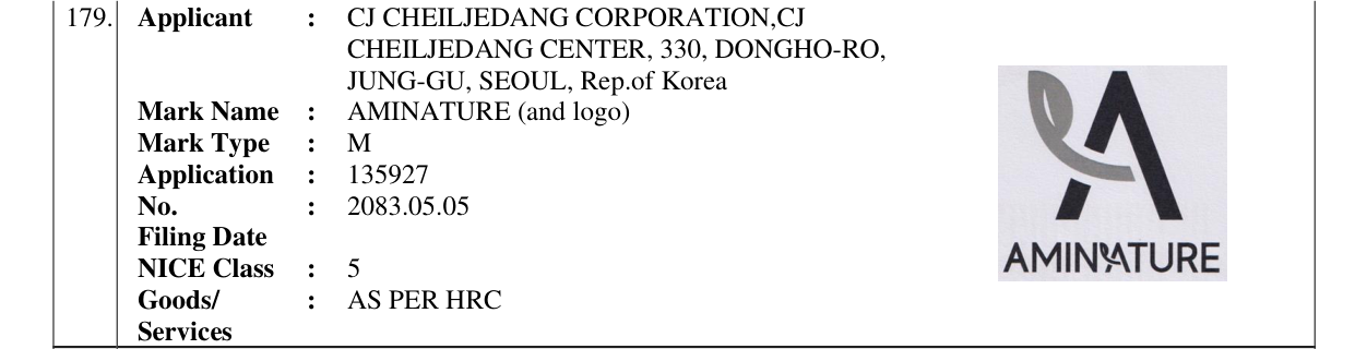 Original bulletin entry for AMINATURE (and logo)