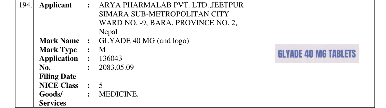 Original bulletin entry for GLYADE 40 MG (and logo)