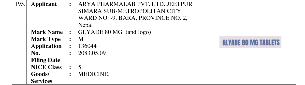 Original bulletin entry for GLYADE 80 MG (and logo)