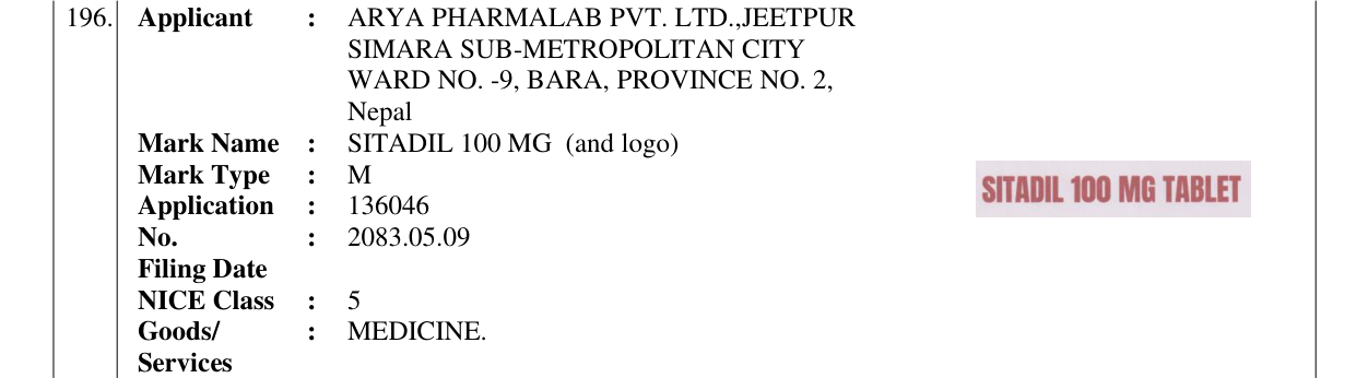 Original bulletin entry for SITADIL 100 MG (and logo)