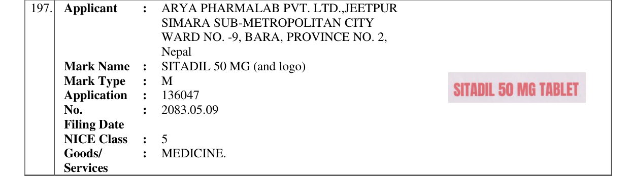 Original bulletin entry for SITADIL 50 MG (and logo)