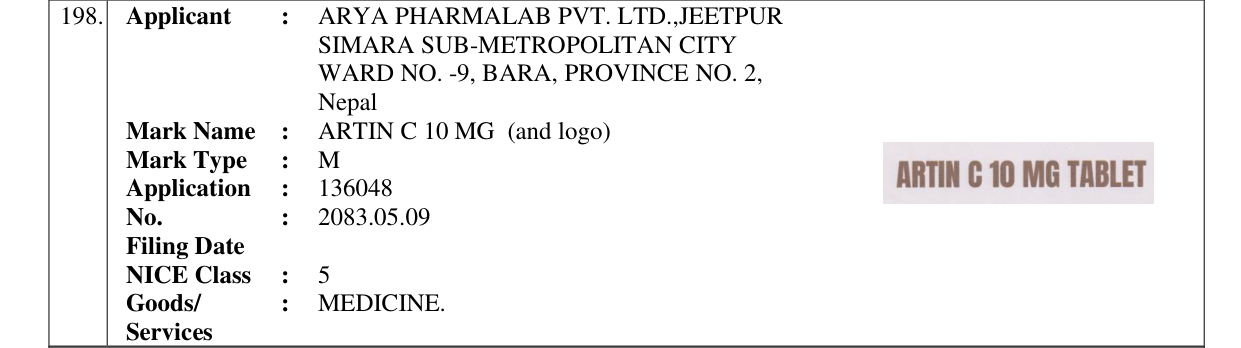 Original bulletin entry for ARTIN C 10 MG (and logo)