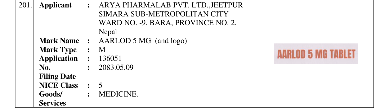 Original bulletin entry for AARLOD 5 MG (and logo)