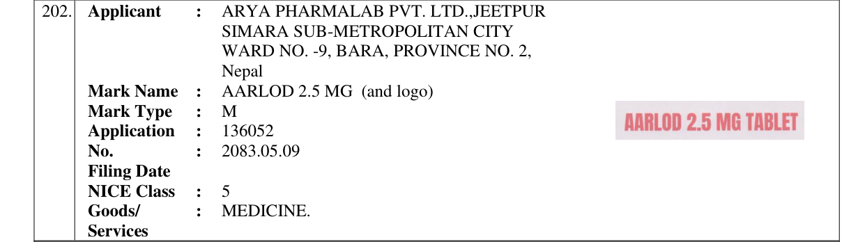 Original bulletin entry for AARLOD 2.5 MG (and logo)