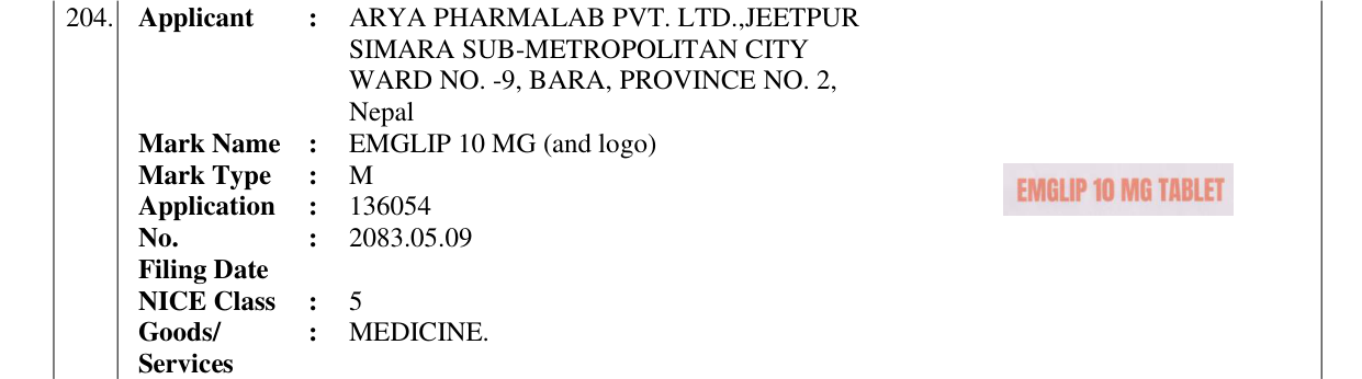 Original bulletin entry for EMGLIP 10 MG (and logo)
