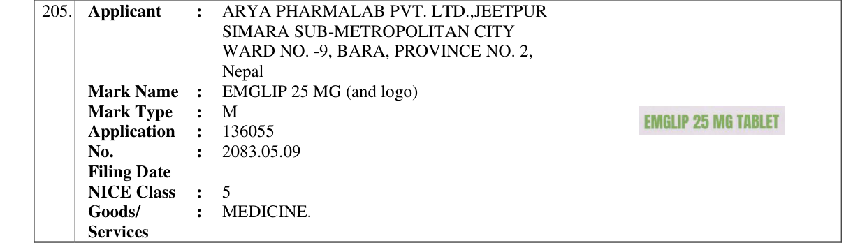 Original bulletin entry for EMGLIP 25 MG (and logo)