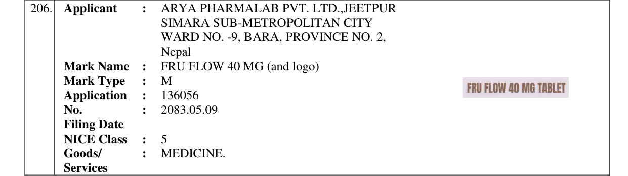 Original bulletin entry for FRU FLOW 40 MG (and logo)