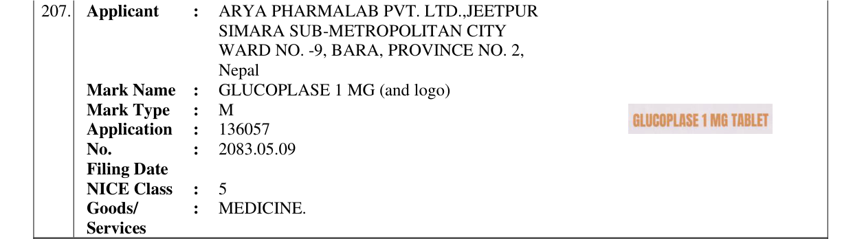 Original bulletin entry for GLUCOPLASE 1 MG (and logo)