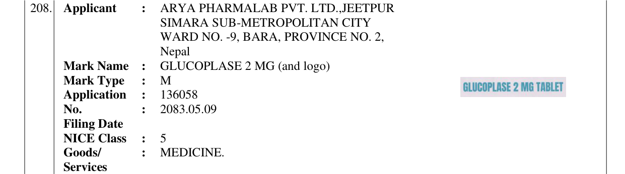 Original bulletin entry for GLUCOPLASE 2 MG (and logo)