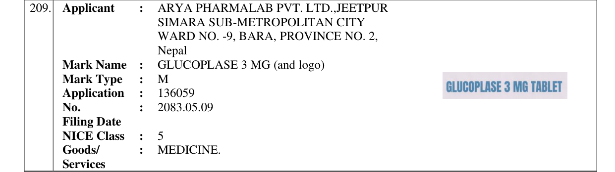 Original bulletin entry for GLUCOPLASE 3 MG (and logo)