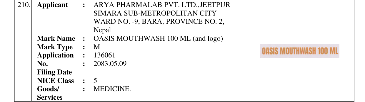 Original bulletin entry for OASIS MOUTHWASH 100 ML (and logo)