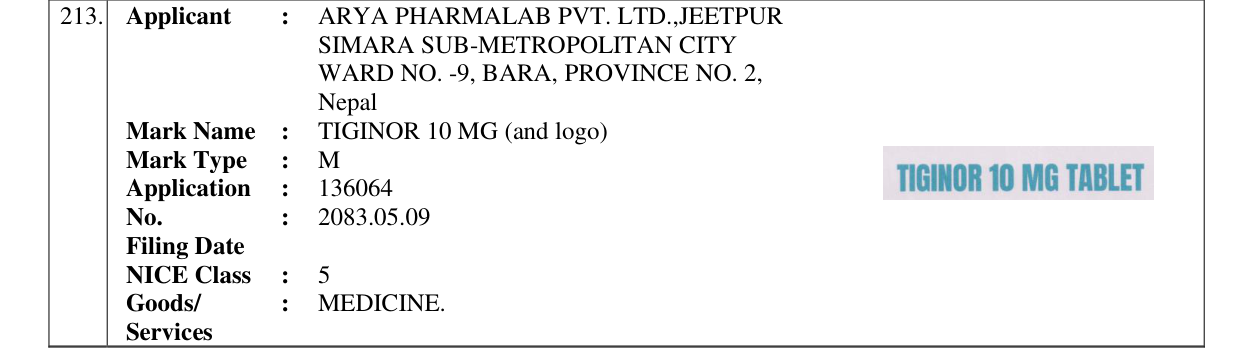 Original bulletin entry for TIGINOR 10 MG (and logo)