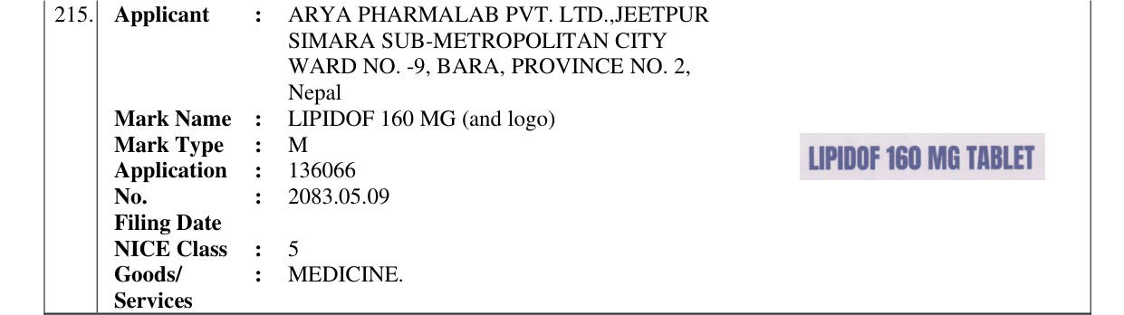 Original bulletin entry for LIPIDOF 160 MG (and logo)