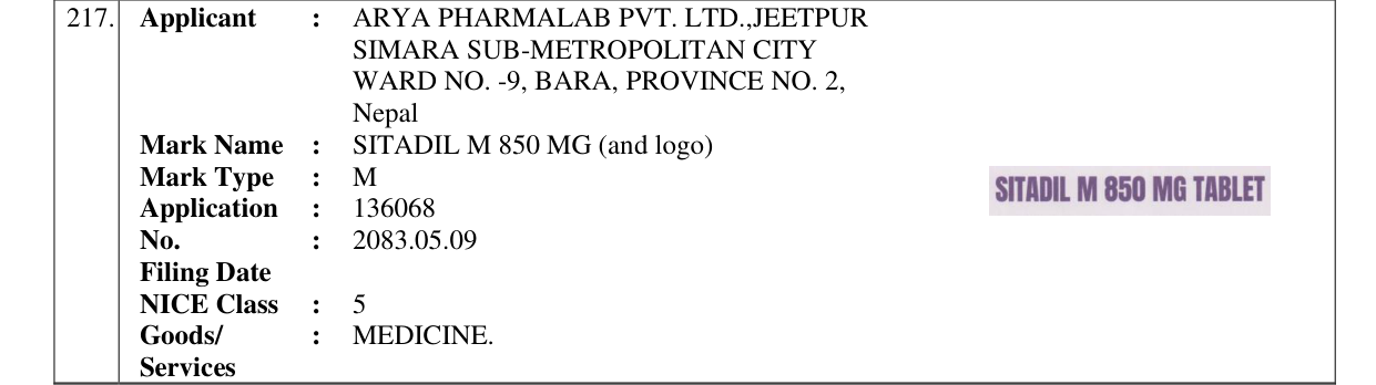 Original bulletin entry for SITADIL M 850 MG (and logo)