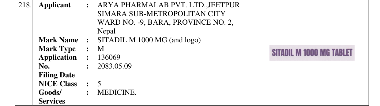 Original bulletin entry for SITADIL M 1000 MG (and logo)