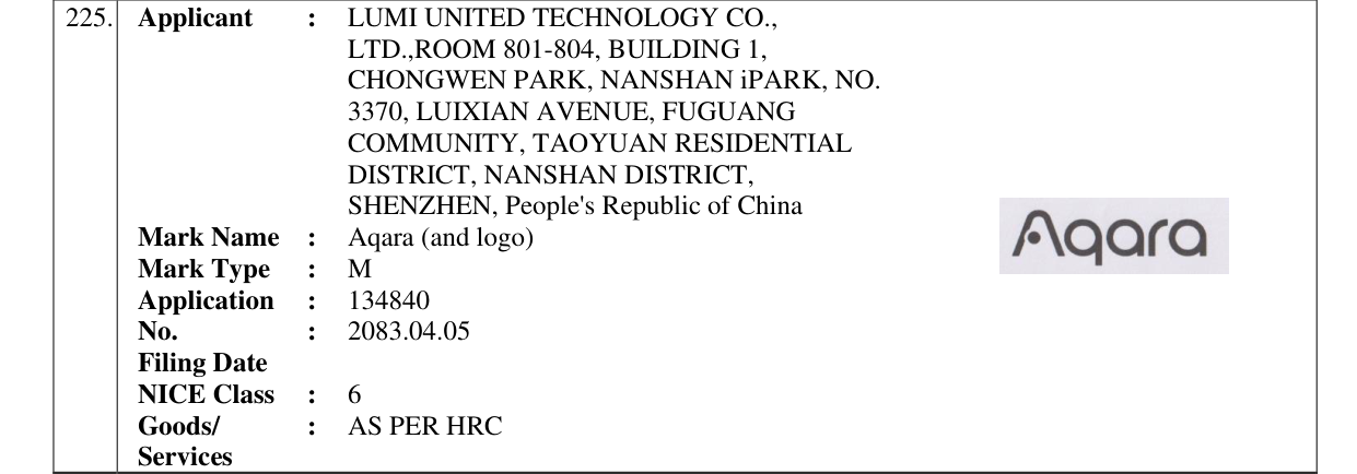 Original bulletin entry for Aqara (and logo)