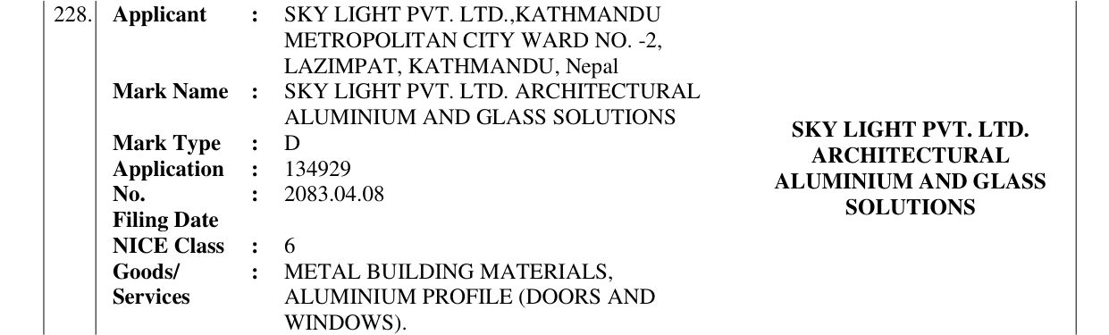 Original bulletin entry for SKY LIGHT PVT. LTD. ARCHITECTURAL ALUMINIUM AND GLASS SOLUTIONS SKY LIGHT PVT. LTD.