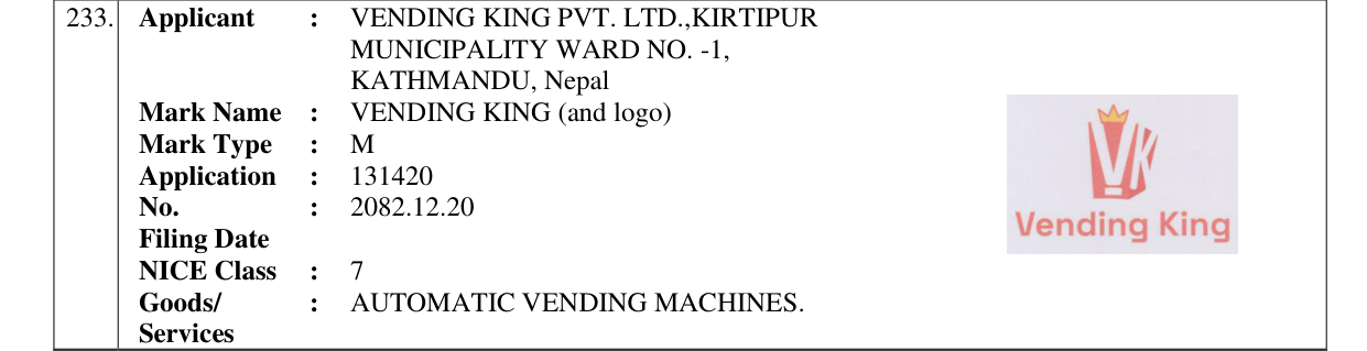 Original bulletin entry for VENDING KING (and logo)