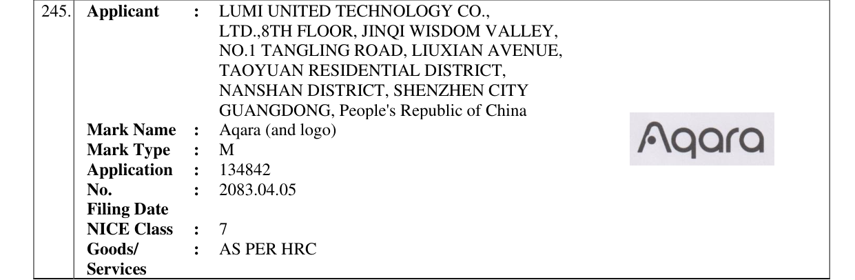 Original bulletin entry for Aqara (and logo)
