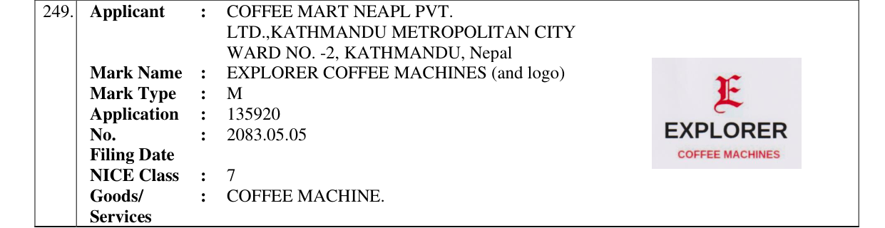 Original bulletin entry for EXPLORER COFFEE MACHINES (and logo)