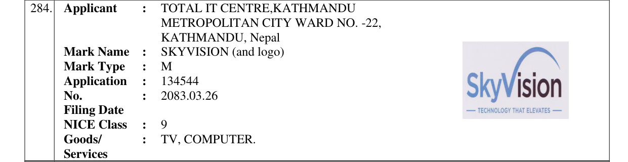 Original bulletin entry for SKYVISION (and logo)