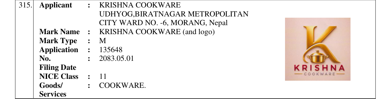 Original bulletin entry for KRISHNA COOKWARE (and logo)
