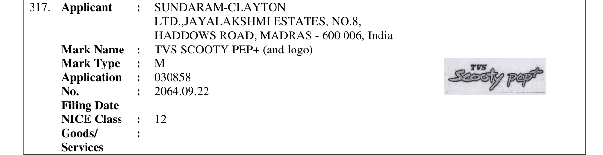 Original bulletin entry for TVS SCOOTY PEP+ (and logo)