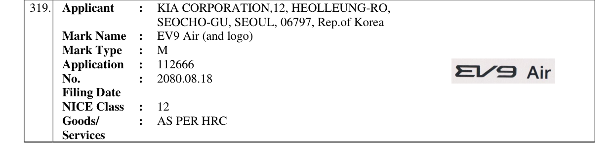 Original bulletin entry for EV9 Air (and logo)