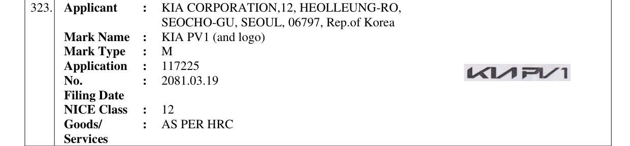 Original bulletin entry for KIA PV1 (and logo)