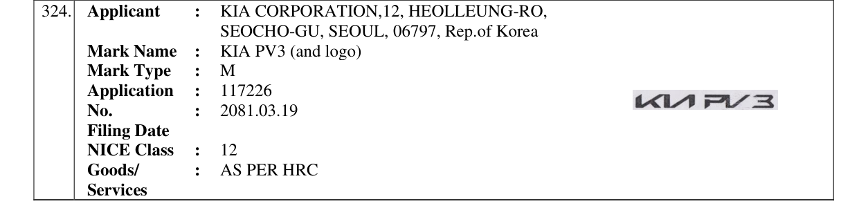 Original bulletin entry for KIA PV3 (and logo)