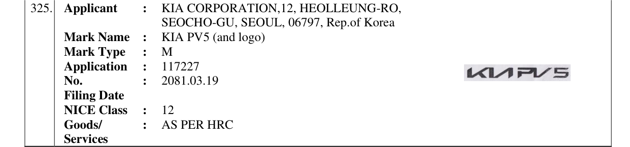 Original bulletin entry for KIA PV5 (and logo)