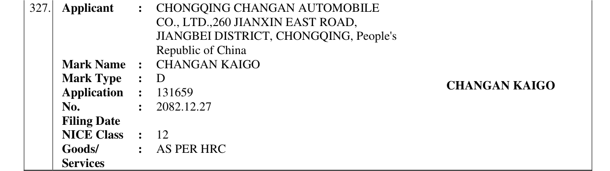 Original bulletin entry for CHANGAN KAIGO