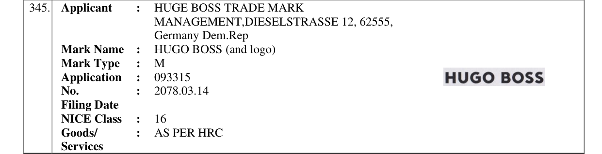 Original bulletin entry for HUGO BOSS (and logo)