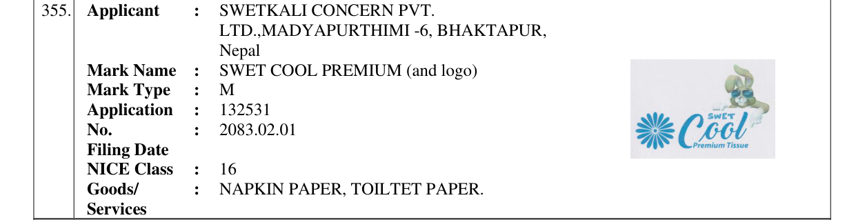 Original bulletin entry for SWET COOL PREMIUM (and logo)