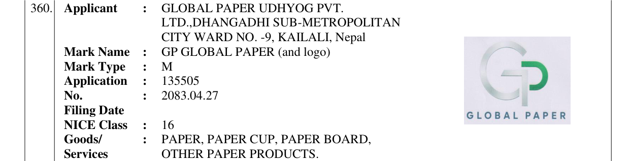 Original bulletin entry for GP GLOBAL PAPER (and logo)
