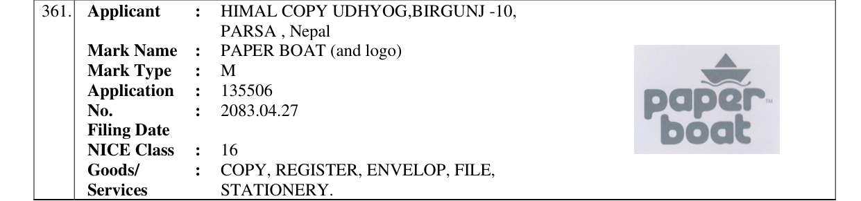 Original bulletin entry for PAPER BOAT (and logo)