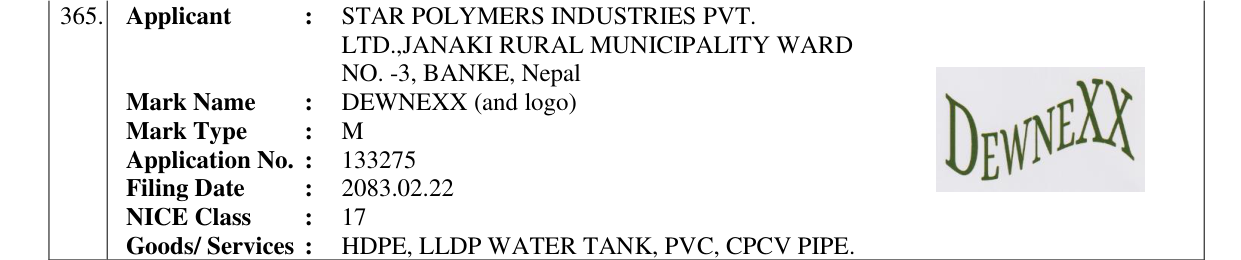 Original bulletin entry for DEWNEXX (and logo)