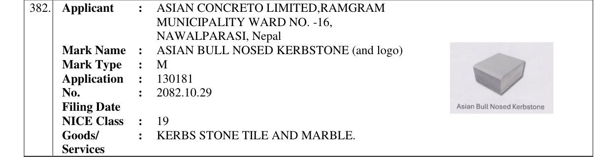 Original bulletin entry for ASIAN BULL NOSED KERBSTONE (and logo)